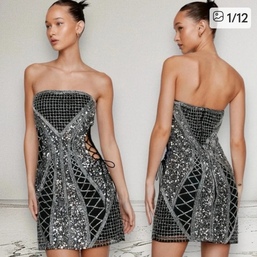 Nasty Gal Sequin Bandeau Black and Silver Strapless Dress US 12 UK 16